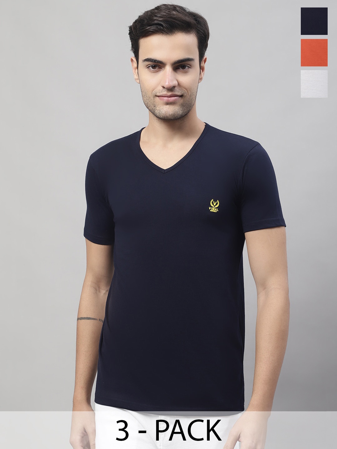 

MACK JONNEY Pack Of 3 V-Neck Cotton T-shirts, Navy blue