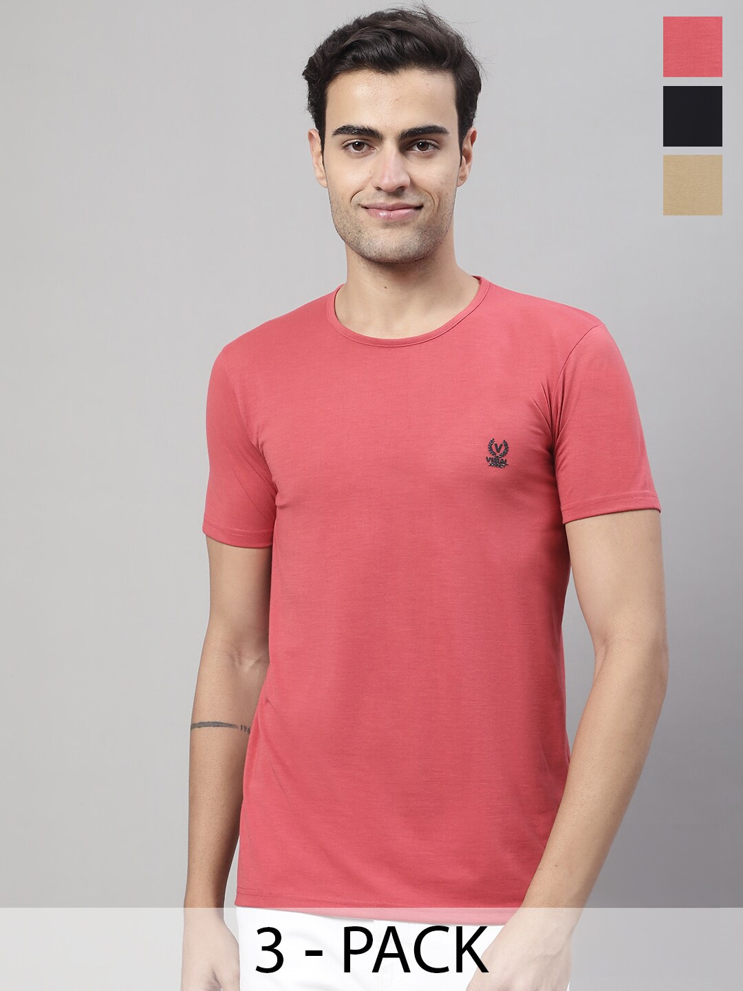 

VIMAL JONNEY Pack Of 3 Round Neck Cotton T-shirts, Coral