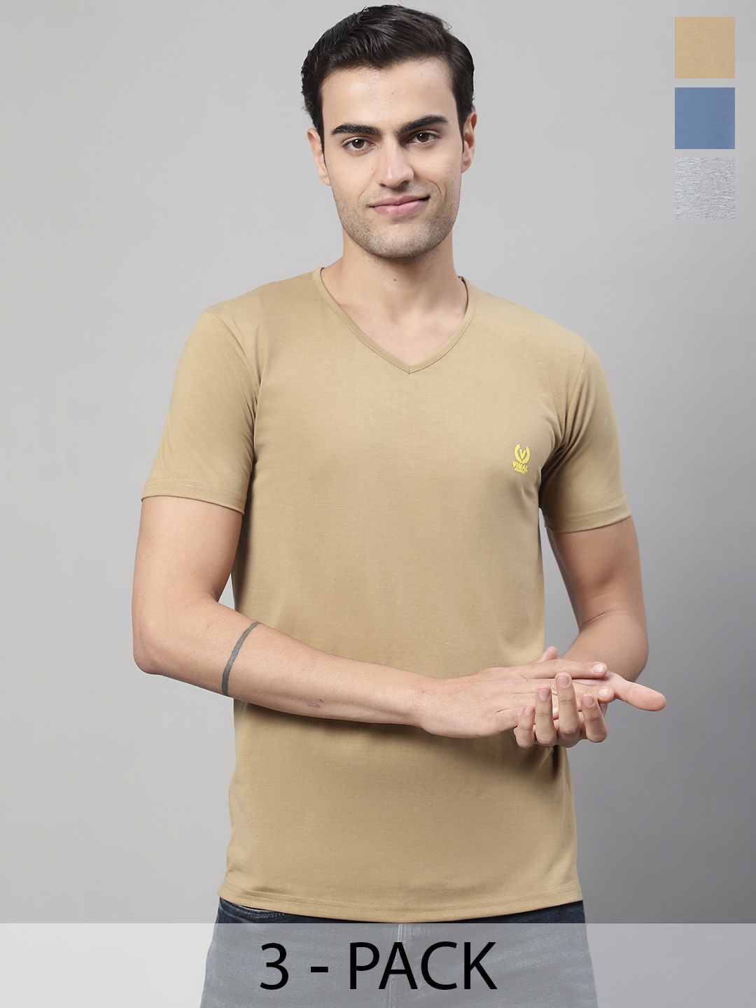 

MACK JONNEY Pack Of 3 V-Neck Cotton T-shirt, Beige