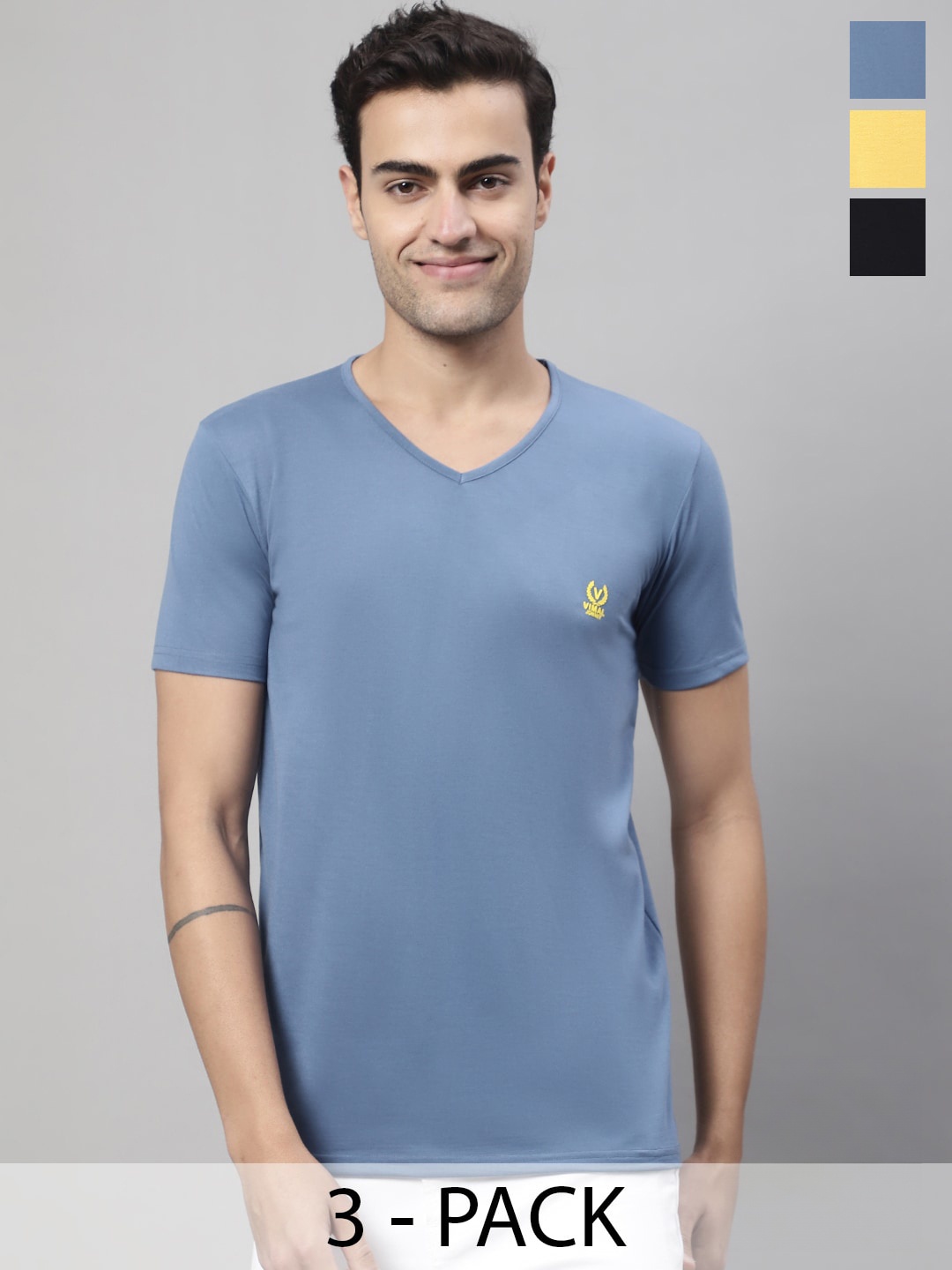 

VIMAL JONNEY Pack Of 3 V-Neck Cotton T-shirt, Blue