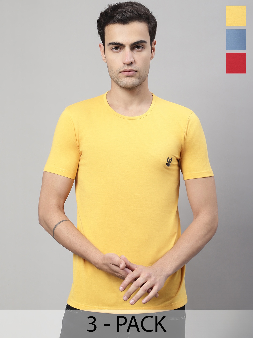 

VIMAL JONNEY Pack Of 3 Round Neck Cotton T-shirt, Yellow