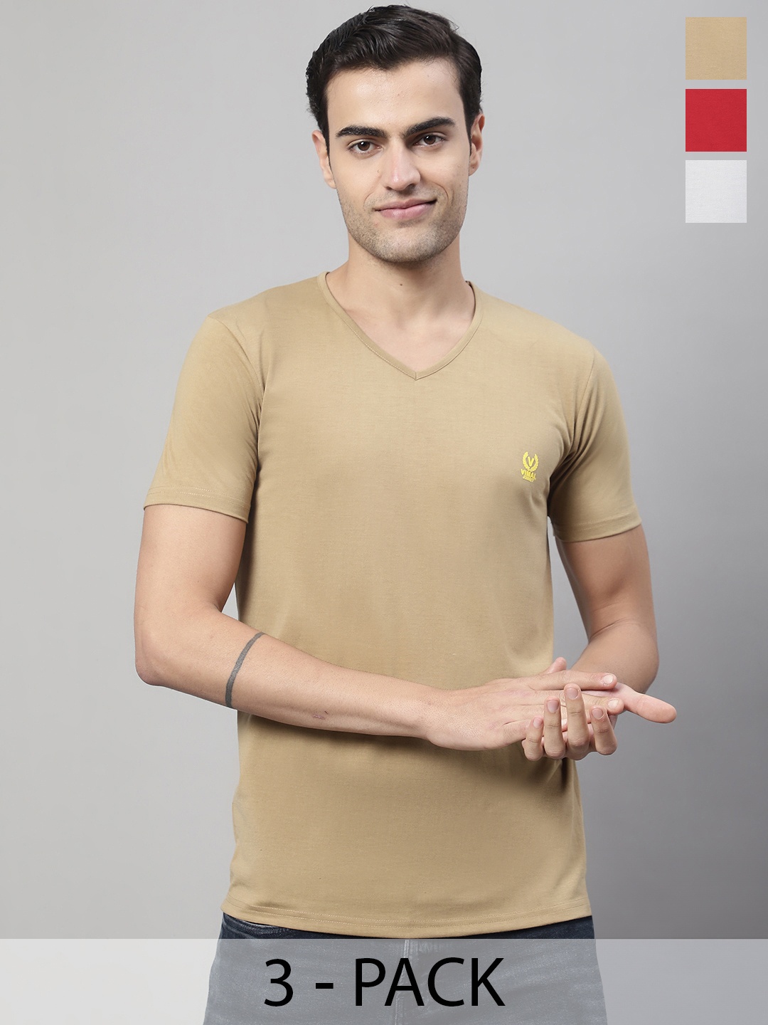 

VIMAL JONNEY Pack Of 3 V-Neck Cotton T-shirt, Coffee brown