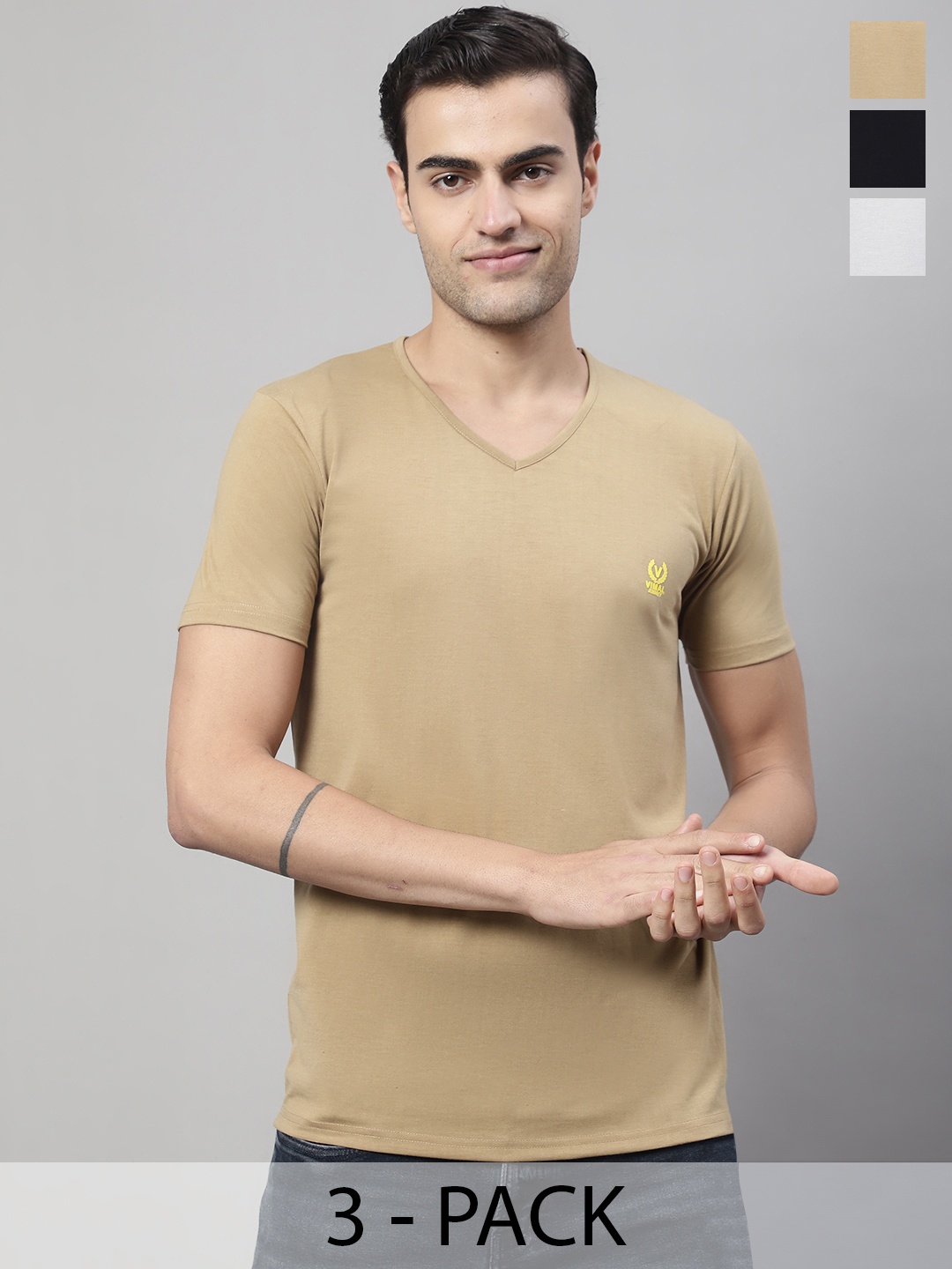 

MACK JONNEY Pack Of 3 V-Neck Cotton T-shirt, Beige