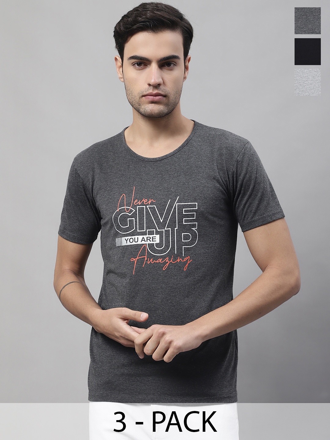 

MACK JONNEY Pack Of 3 Typography Printed Cotton T-shirt, Grey