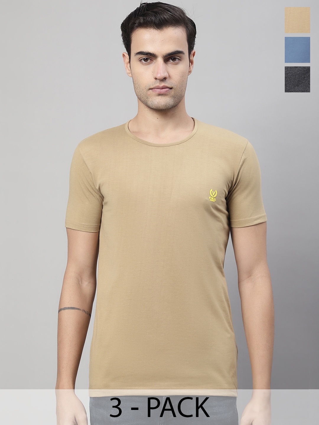 

MACK JONNEY Pack Of 3 Round Neck Cotton T-shirt, Beige