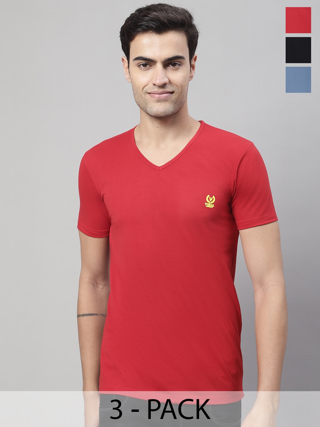 

VIMAL JONNEY Pack Of 3 V-Neck Cotton T-shirt, Red