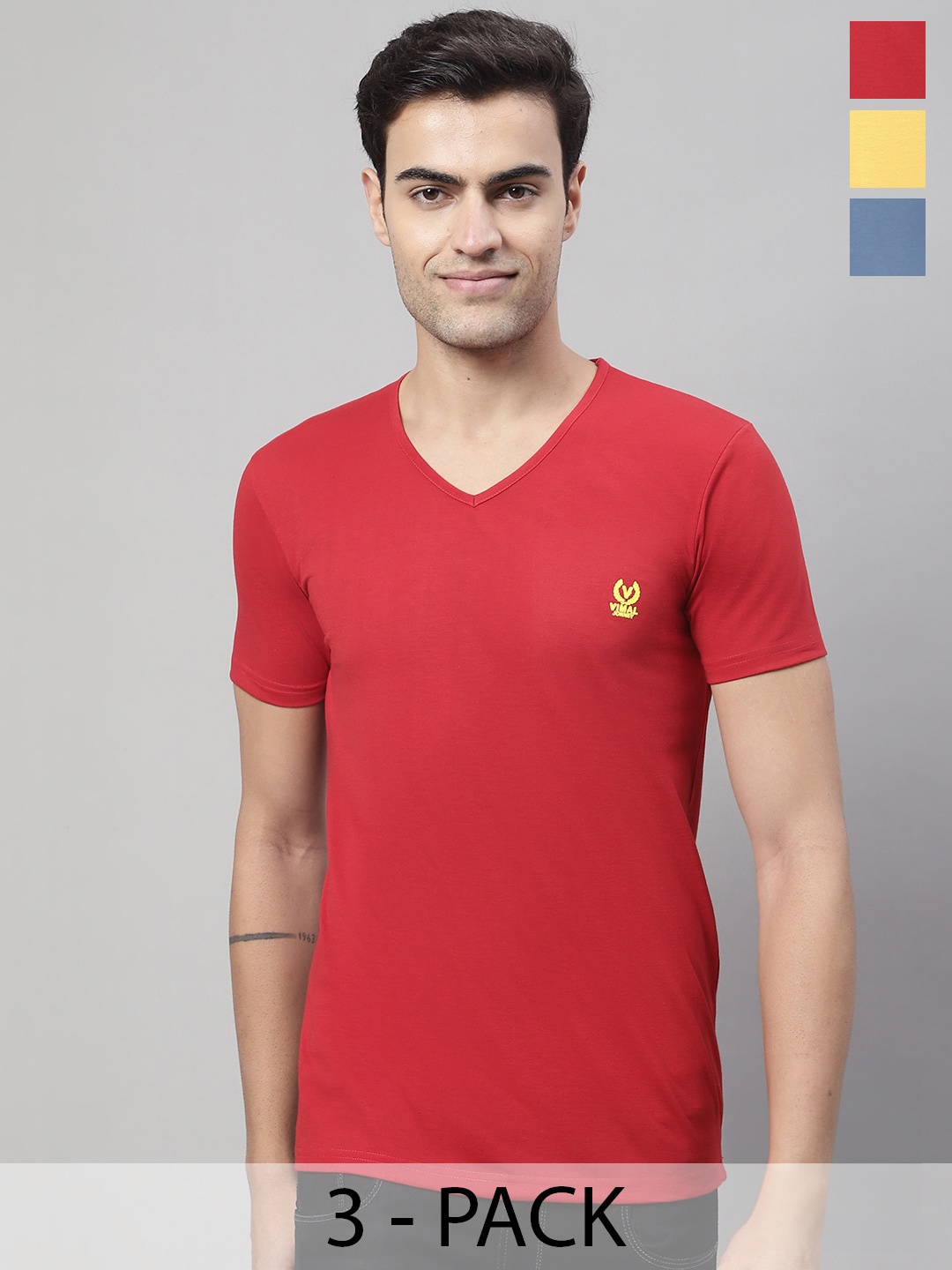 

VIMAL JONNEY Pack Of 3 V-Neck Cotton T-shirt, Red