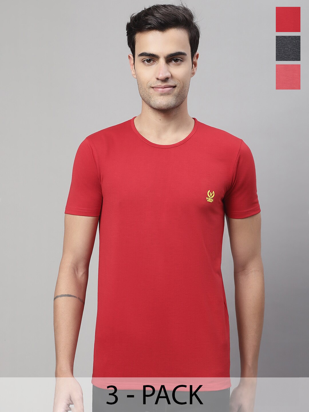 

VIMAL JONNEY Pack Of 3 Round Neck Cotton T-Shirt, Grey
