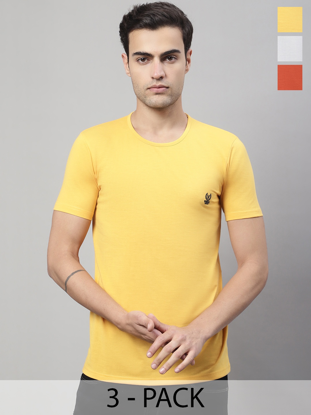 

VIMAL JONNEY Pack Of 3 Round Neck Cotton T-Shirt, Yellow