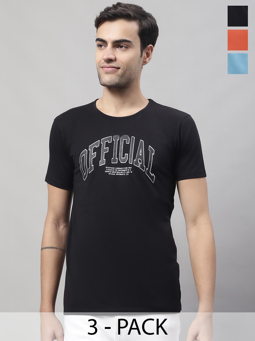 

MACK JONNEY Pack of 3 Typography Printed Cotton T-shirts, Black