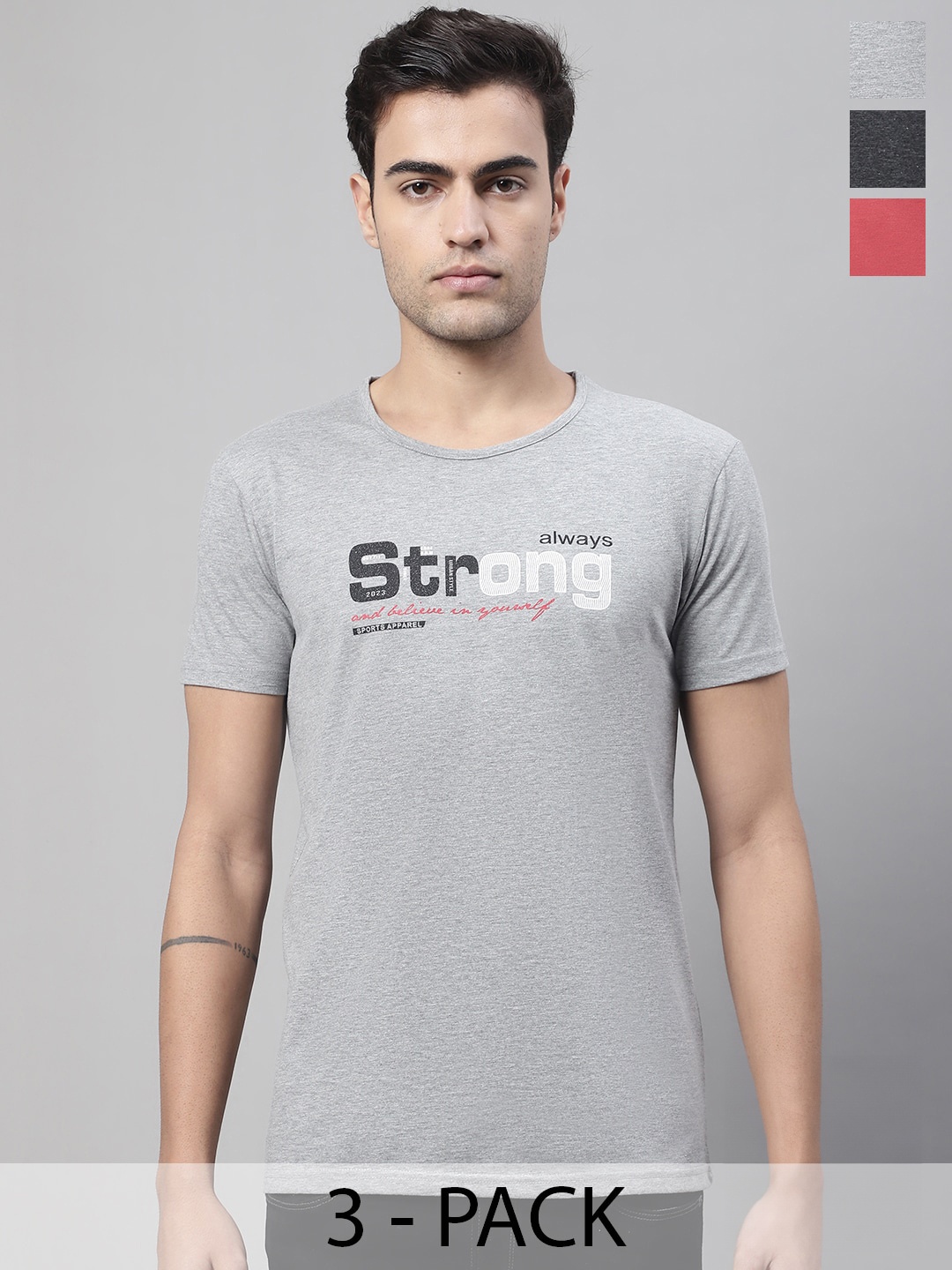 

MACK JONNEY Pack of 3 Typography Printed Cotton T-shirts, Grey