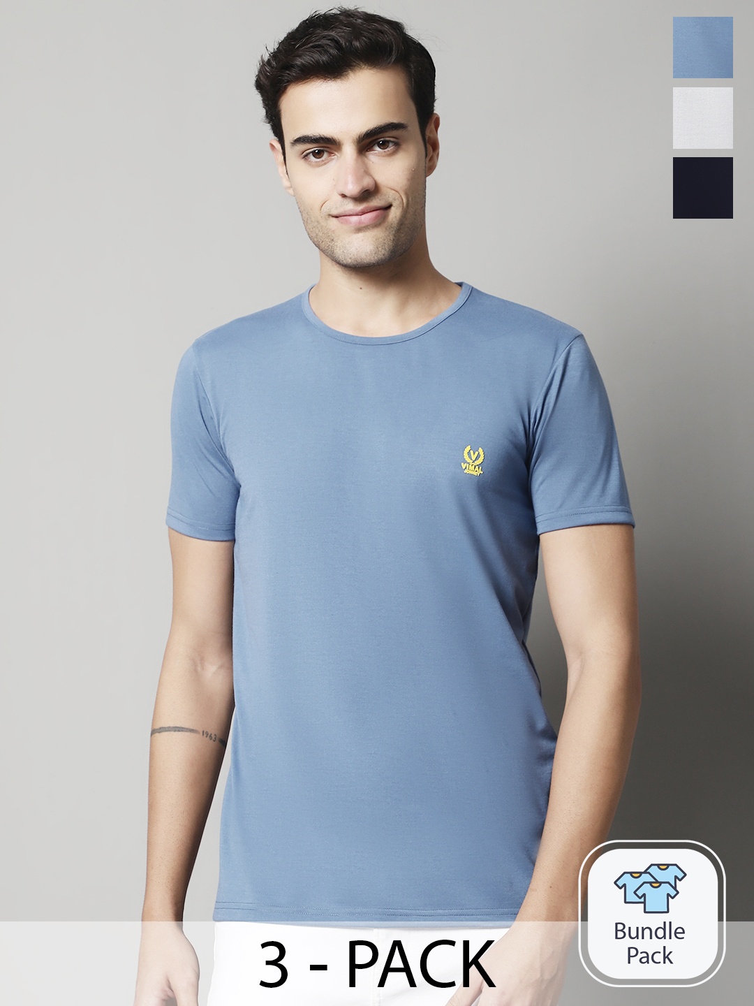 

MACK JONNEY Pack of 3 Round Neck Cotton T-shirts, Blue