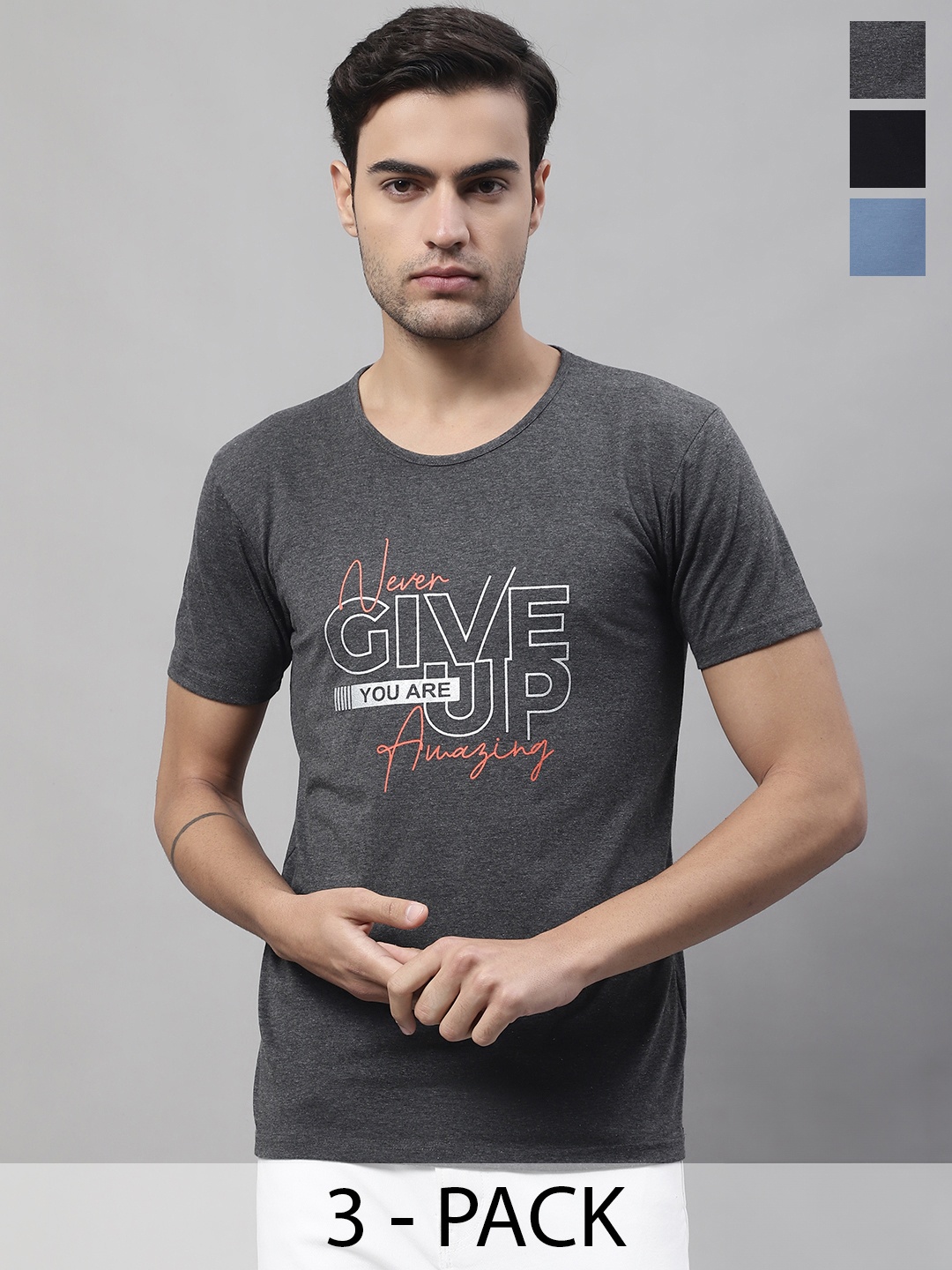 

MACK JONNEY Pack Of 3 Typography Printed Cotton T-Shirts, Grey