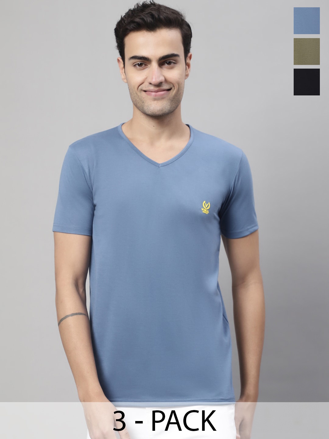 

VIMAL JONNEY Pack Of 3 V-Neck Cotton T-Shirts, Blue