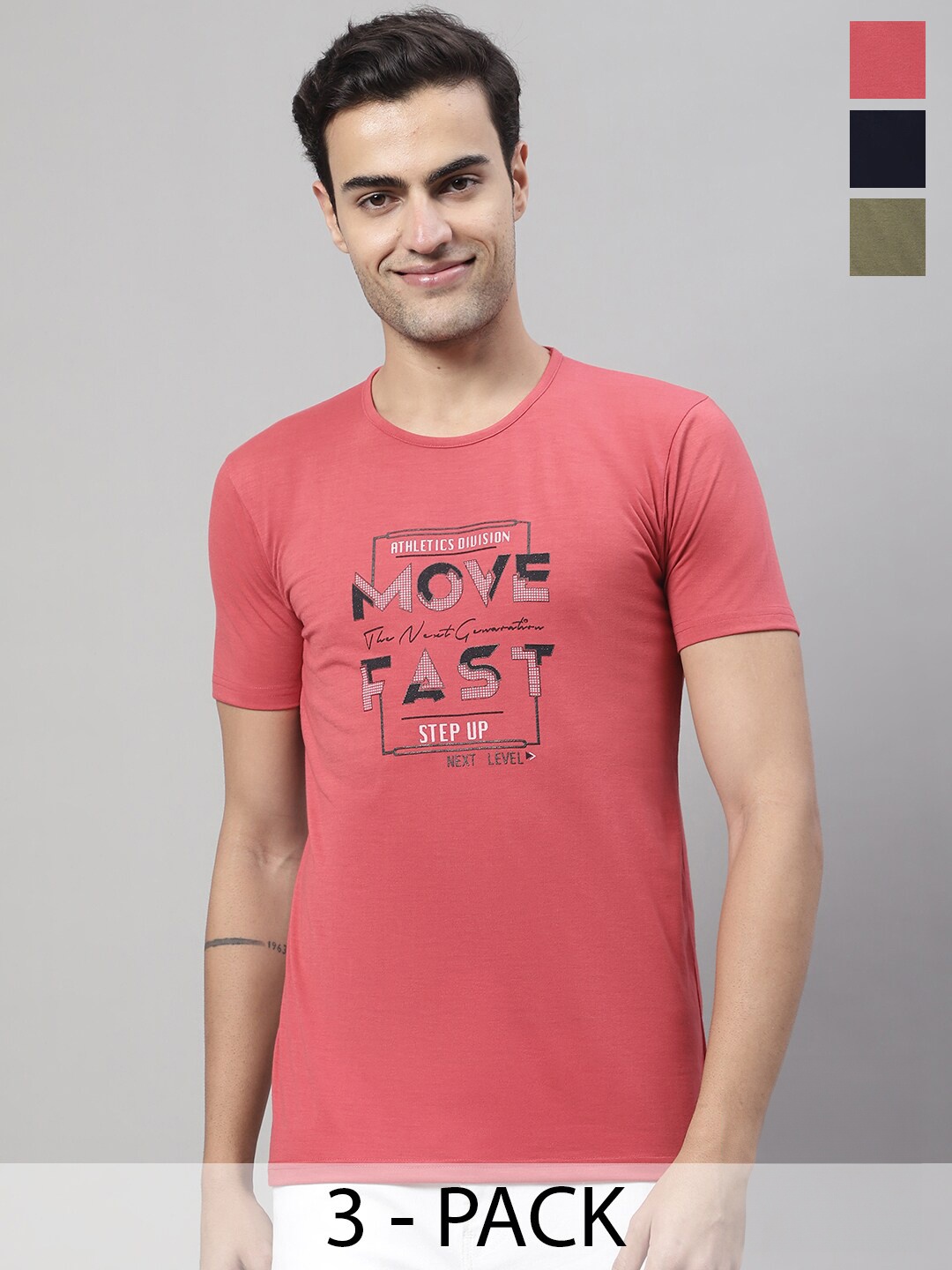 MACK JONNEY Pack Of 3 Typography Printed Cotton T-Shirts, Peach