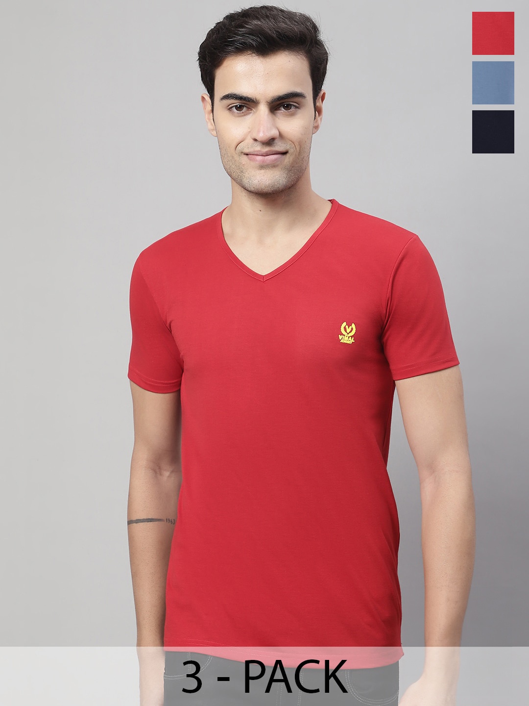 

VIMAL JONNEY Pack Of 3 V-Neck Cotton T-Shirts, Red