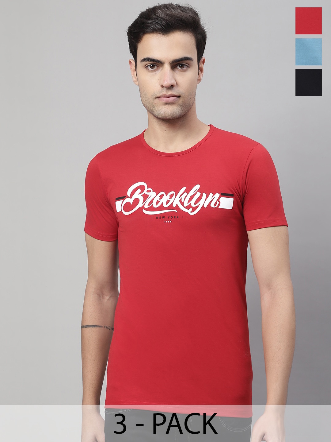 

MACK JONNEY Pack Of 3 Typography Printed Cotton T-Shirts, Red