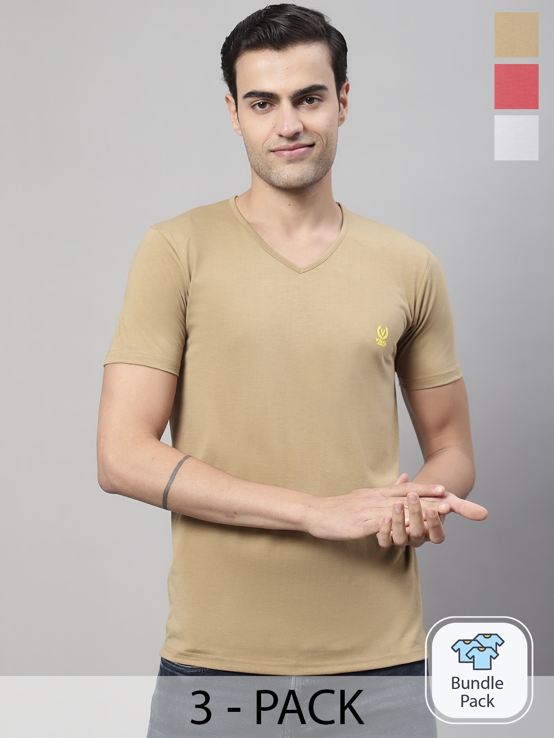 

VIMAL JONNEY Pack Of 3 V Neck Cotton T-shirts, Brown