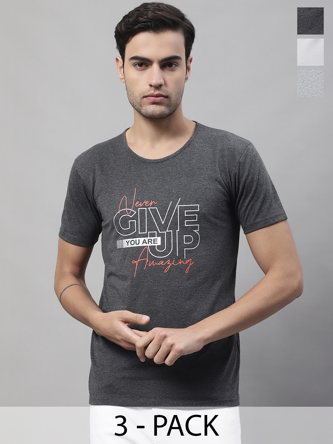 

MACK JONNEY Pack Of 3 Typography Printed Cotton T-shirts, Grey