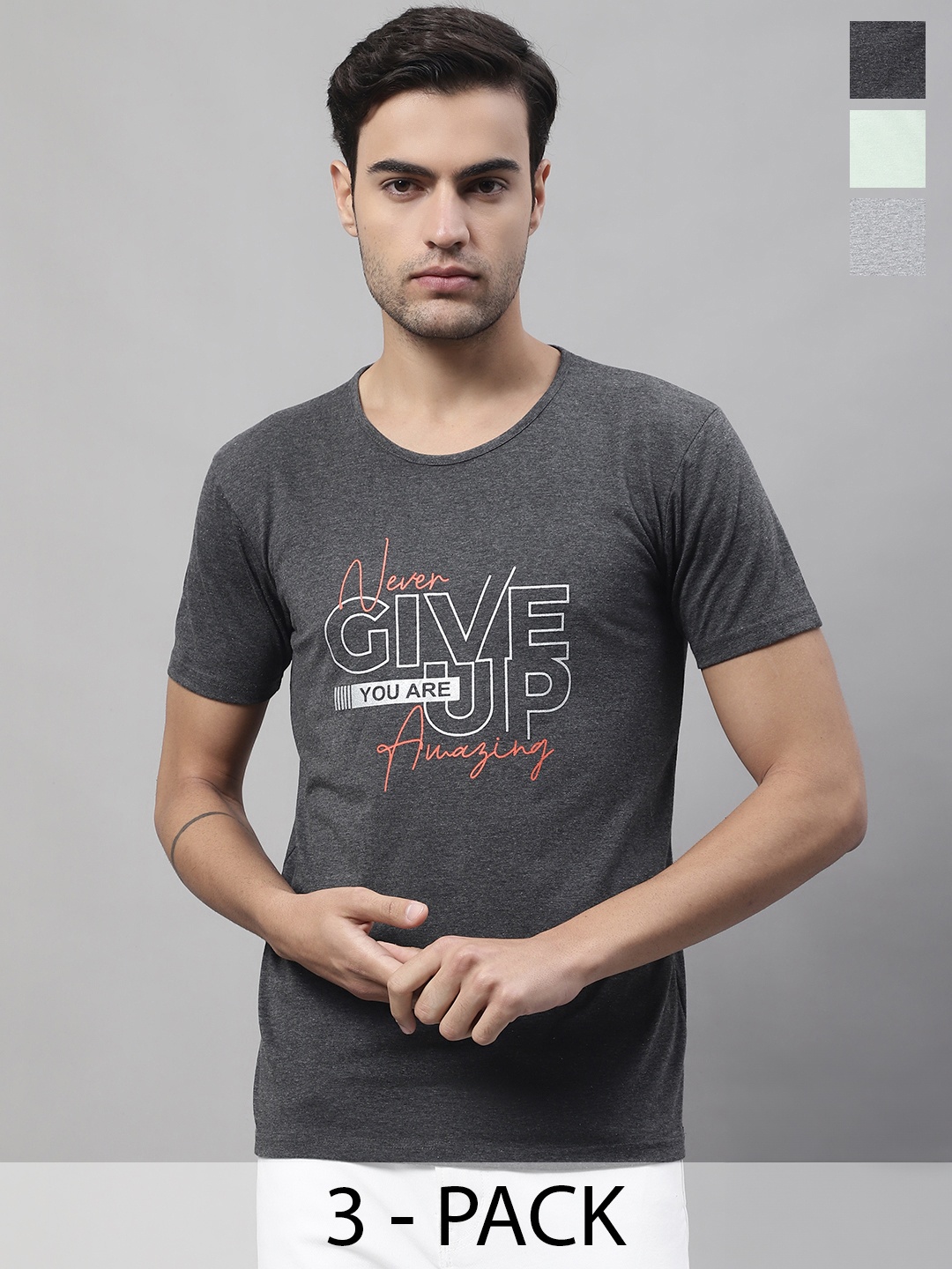 MACK JONNEY Pack Of 3 Typography Printed Cotton T-shirts, Grey