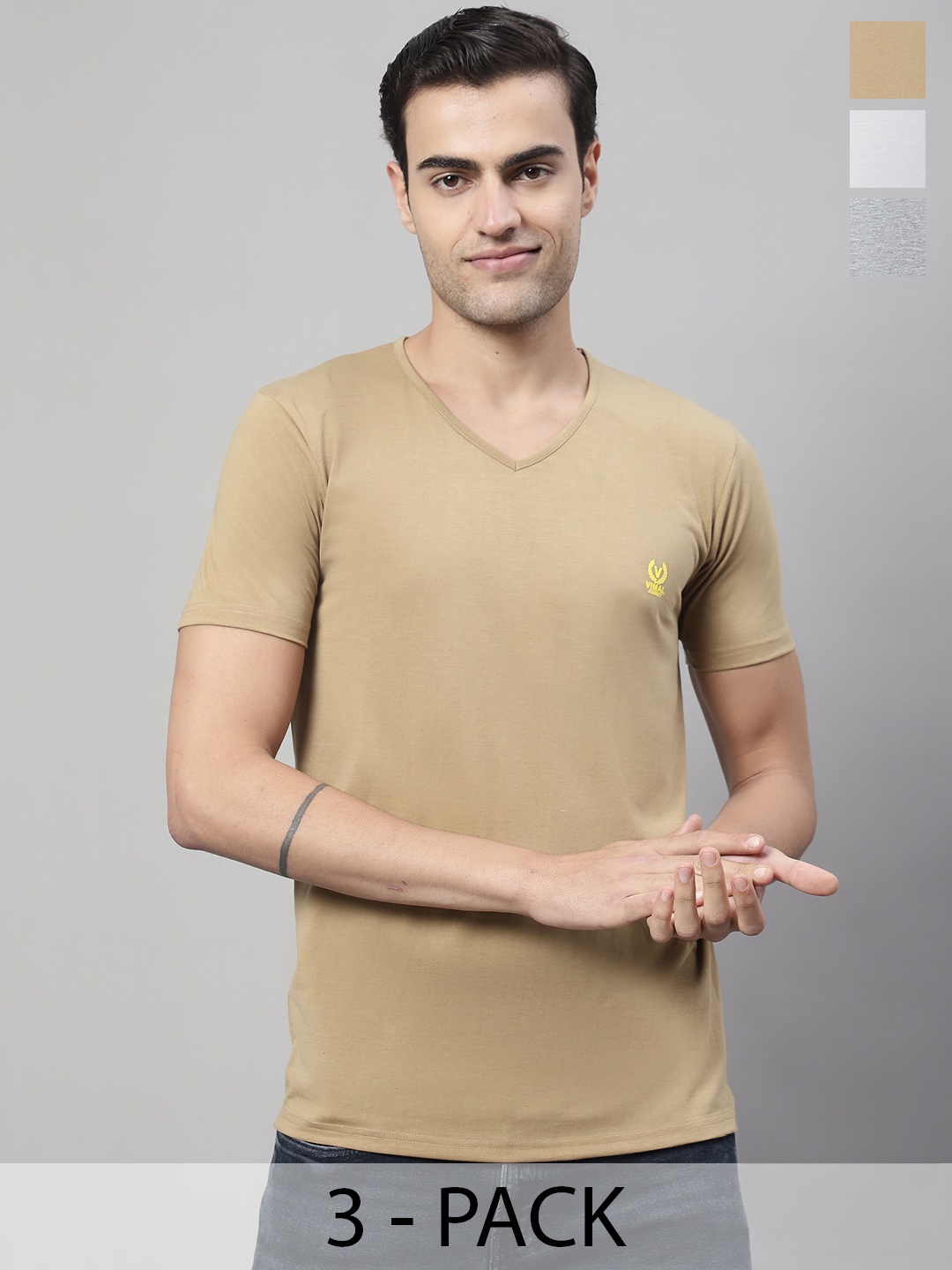 

MACK JONNEY Pack Of 3 V-Neck Cotton T-Shirts, Beige
