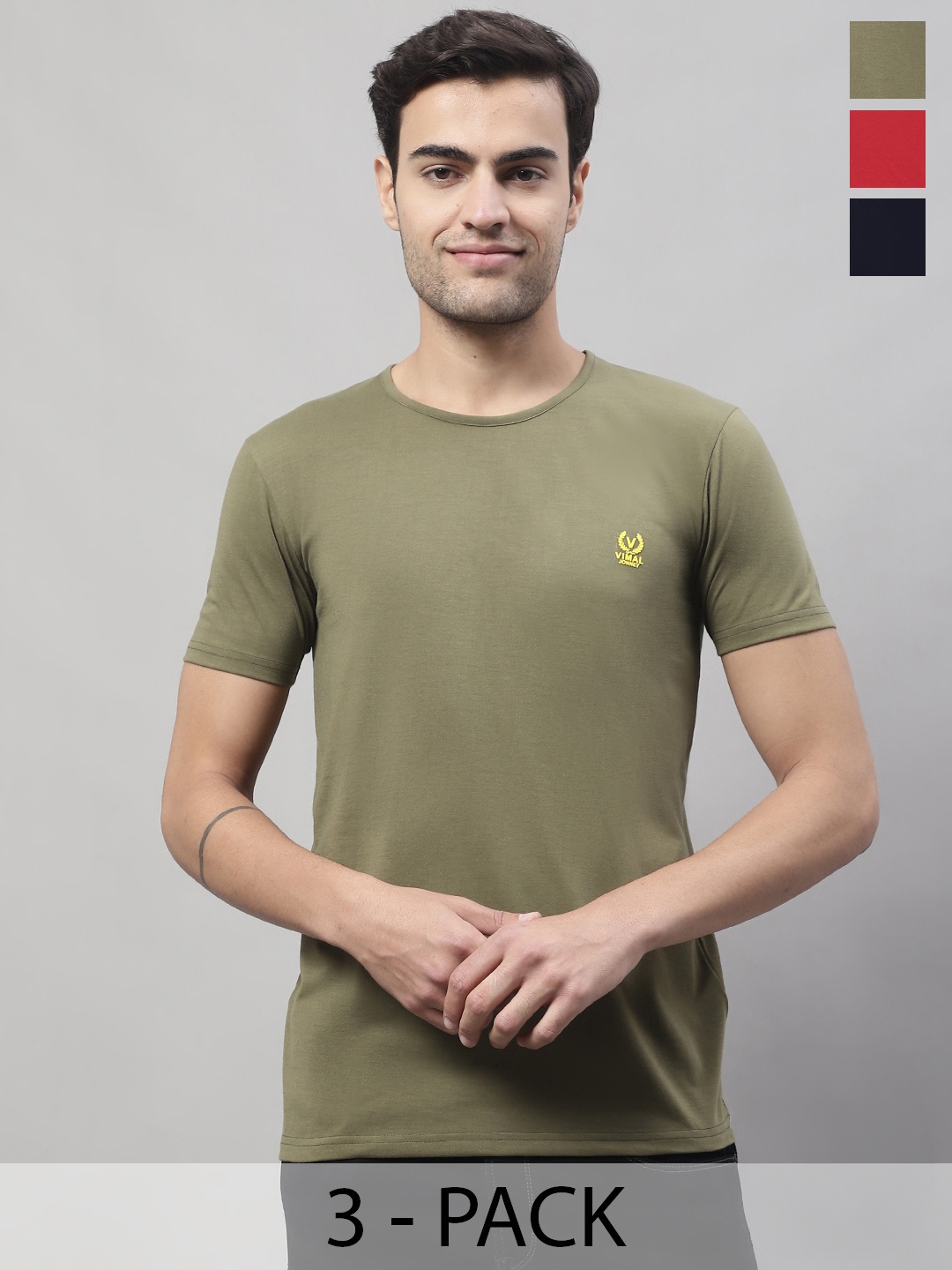 

VIMAL JONNEY Pack of 3 Round Neck Cotton T-shirts, Olive