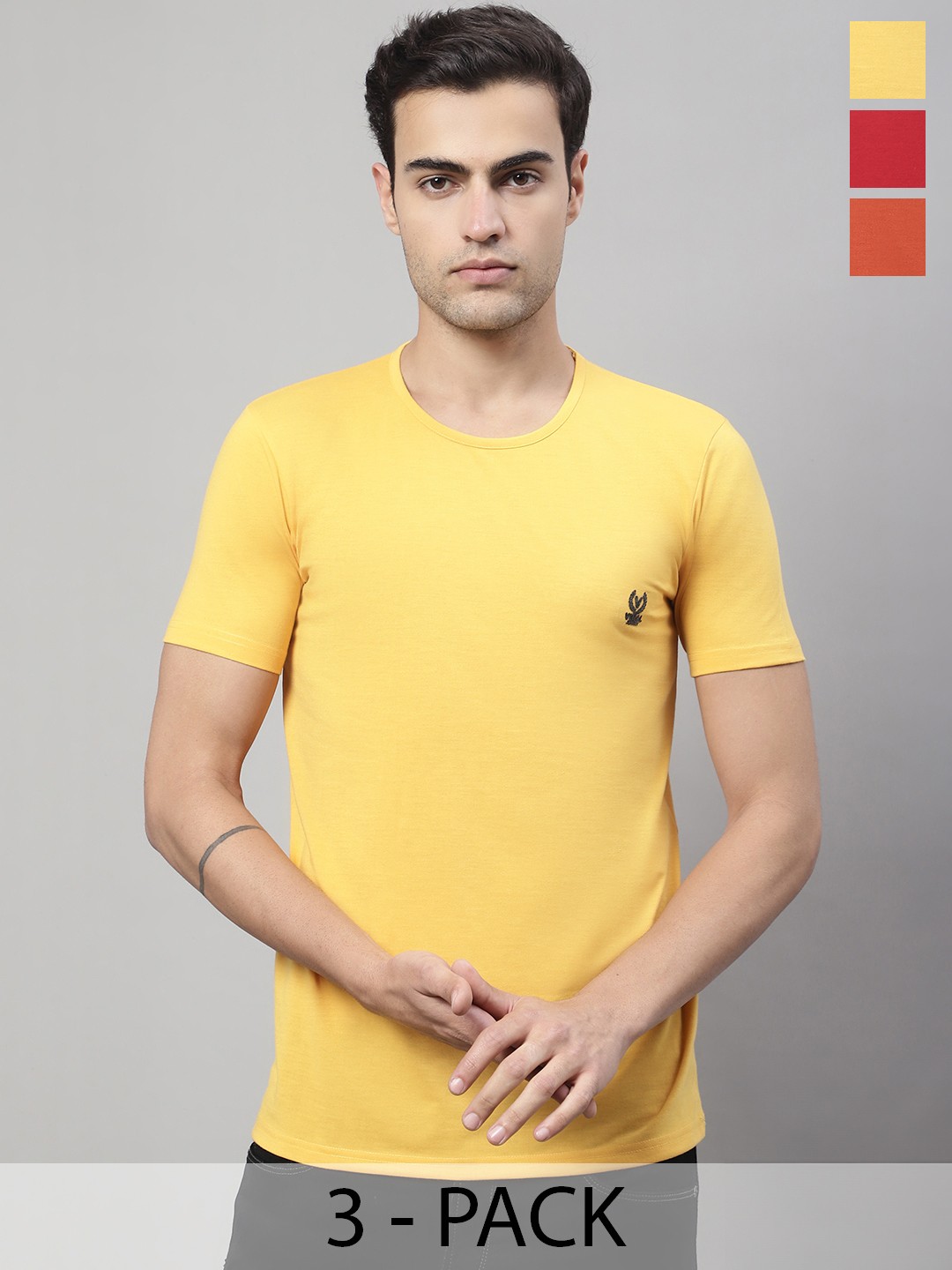 

VIMAL JONNEY Pack Of 3 Round Neck Cotton T-Shirt, Yellow