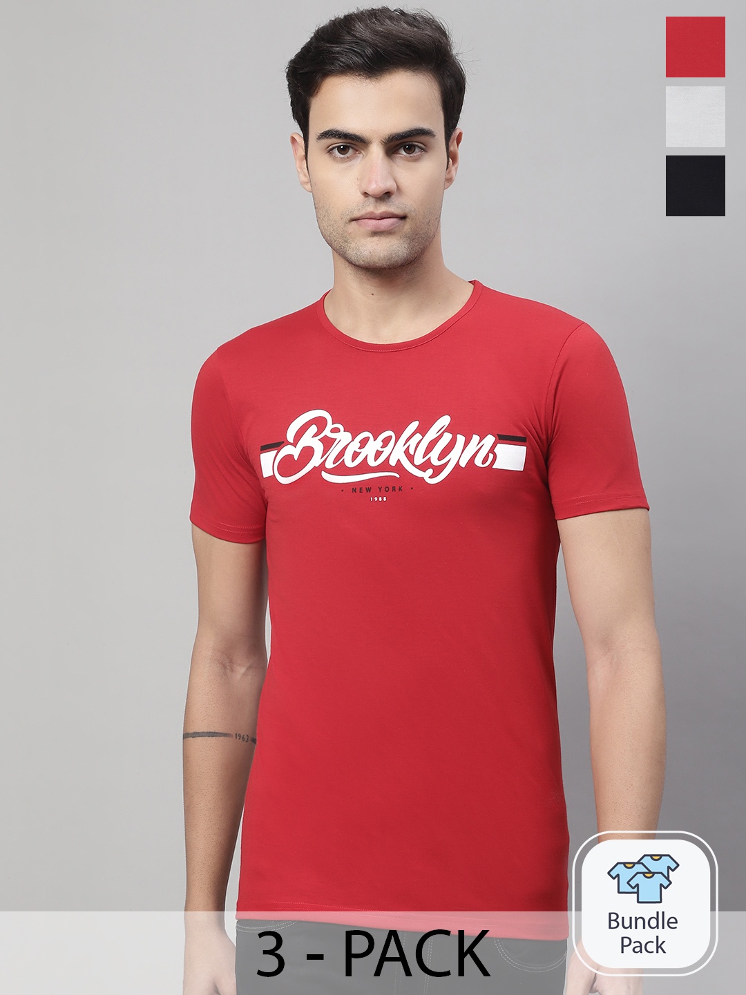 MACK JONNEY Pack Of 3 Typography Printed Cotton T-Shirt, Red