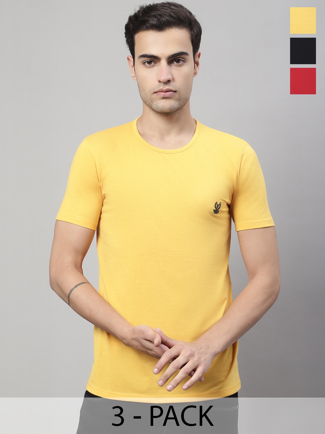 

MACK JONNEY Pack Of 3 Round Neck Cotton T-Shirt, Yellow