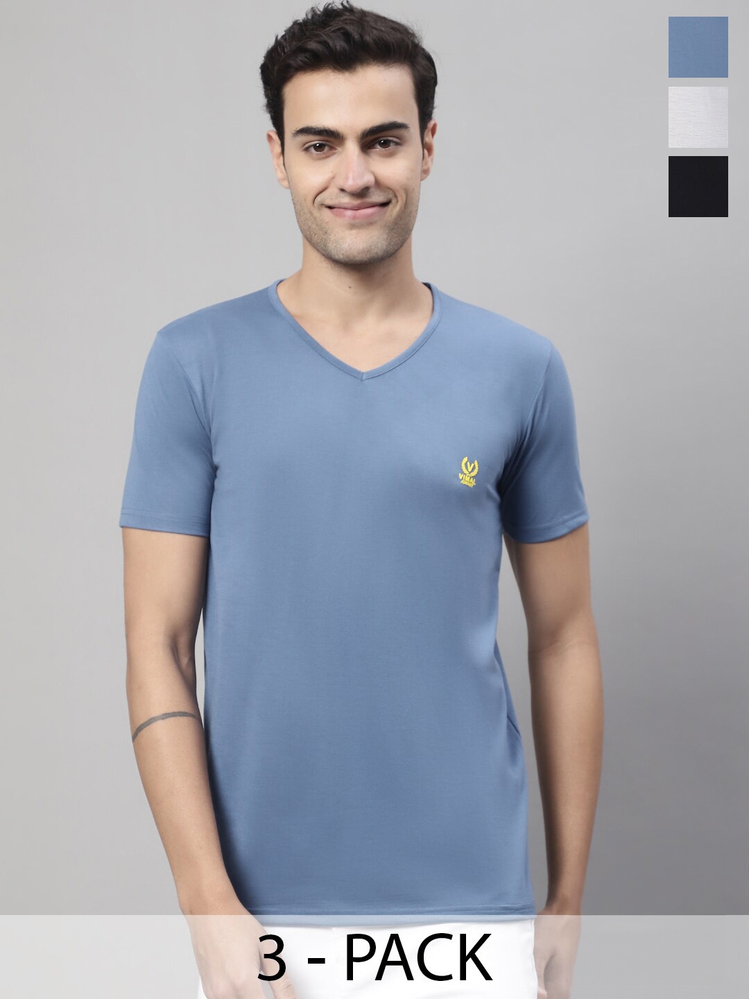

MACK JONNEY Pack Of 3 Printed V-Neck Cotton T-shirts, Blue
