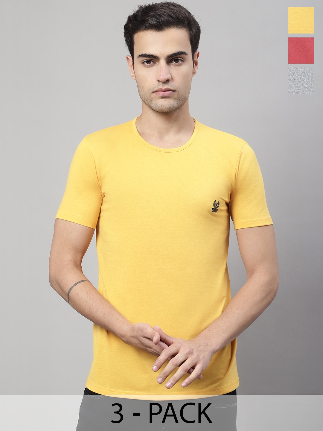 

VIMAL JONNEY Pack Of 3 Printed Round Neck Cotton T-shirts, Yellow