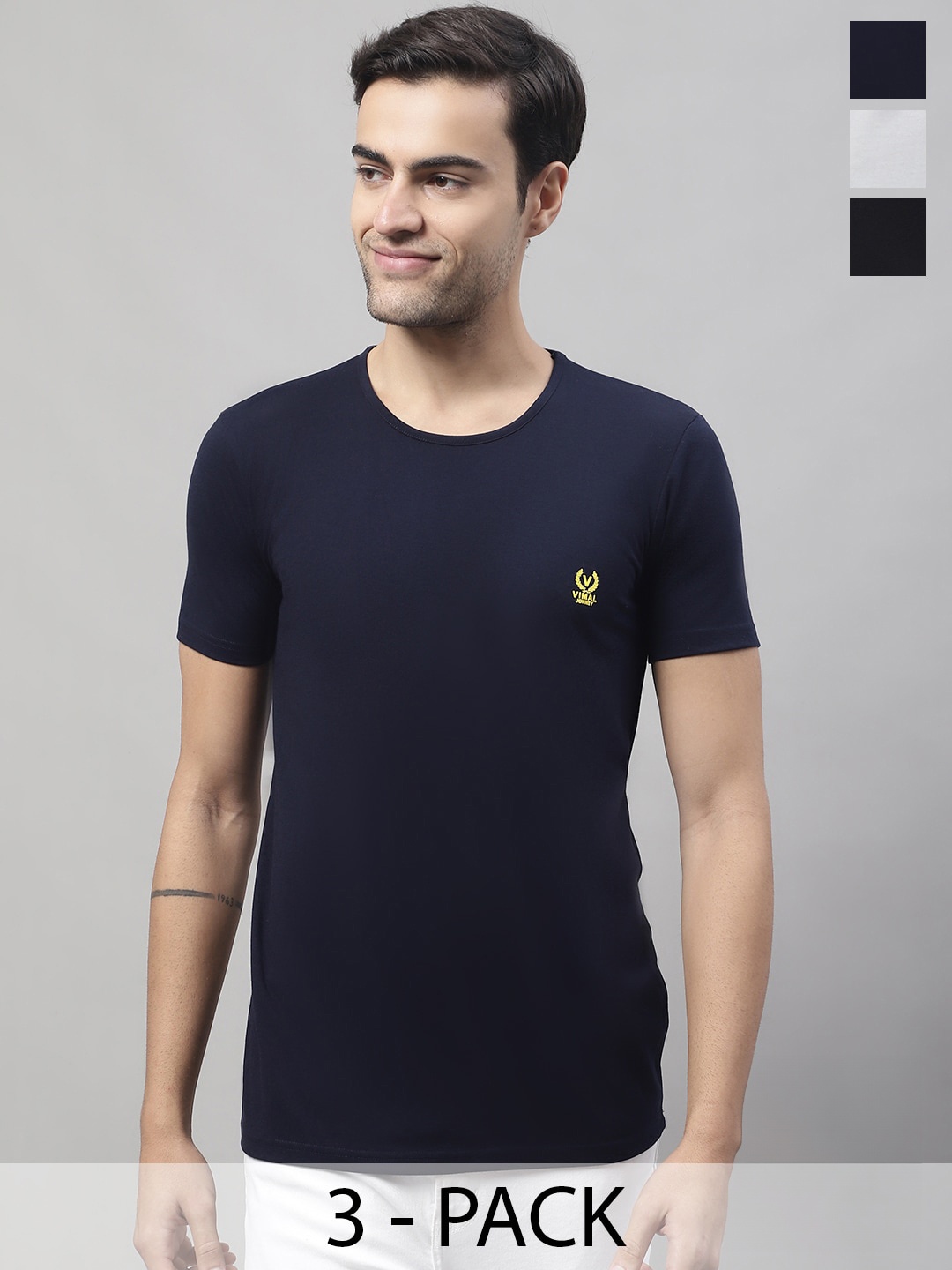 

VIMAL JONNEY Pack Of 3 Printed Round Neck Cotton T-shirts, Navy blue