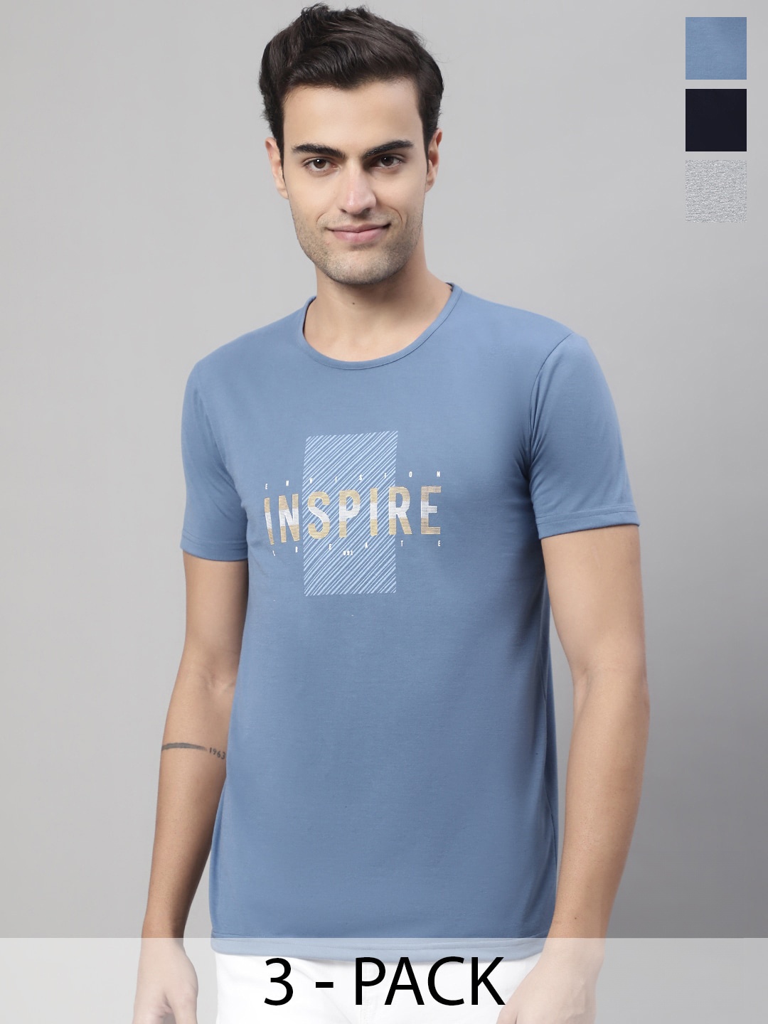 

MACK JONNEY Pack Of 3 Typography Printed Round Neck Cotton Regular Fit T-shirt, Navy blue