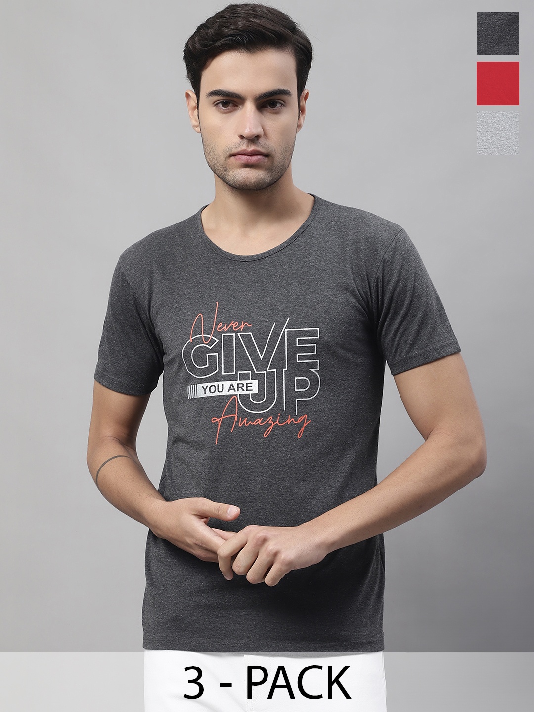 MACK JONNEY Pack Of 2 Typography Printed Cotton T-shirts, Grey