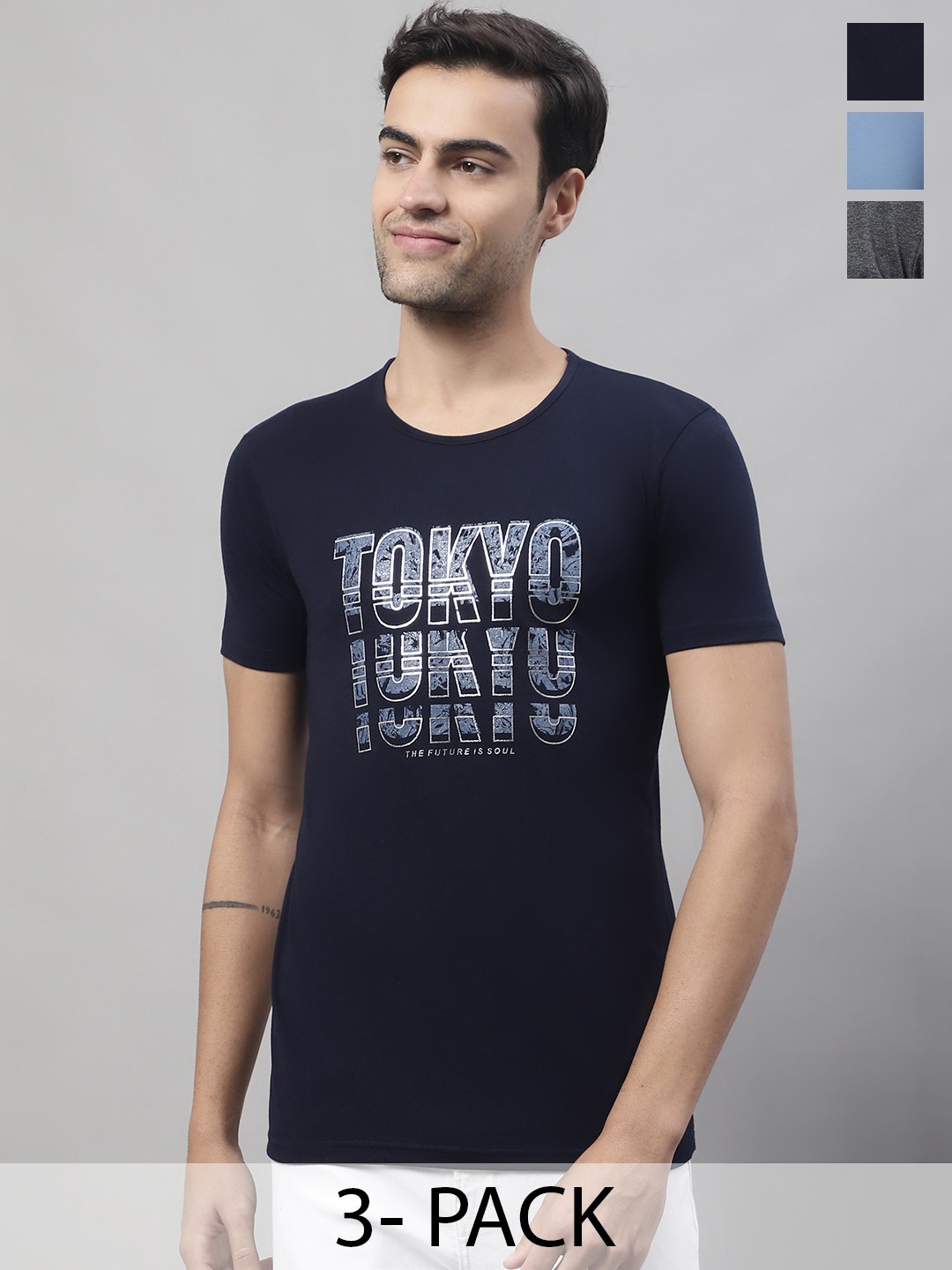 

MACK JONNEY Pack Of 3 Typography Printed Cotton T-shirt, Navy blue