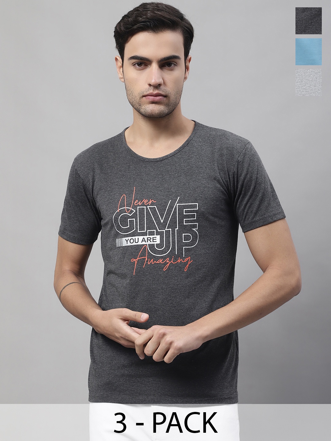 

MACK JONNEY Pack Of 3 Typography Printed Cotton T-shirts, Blue