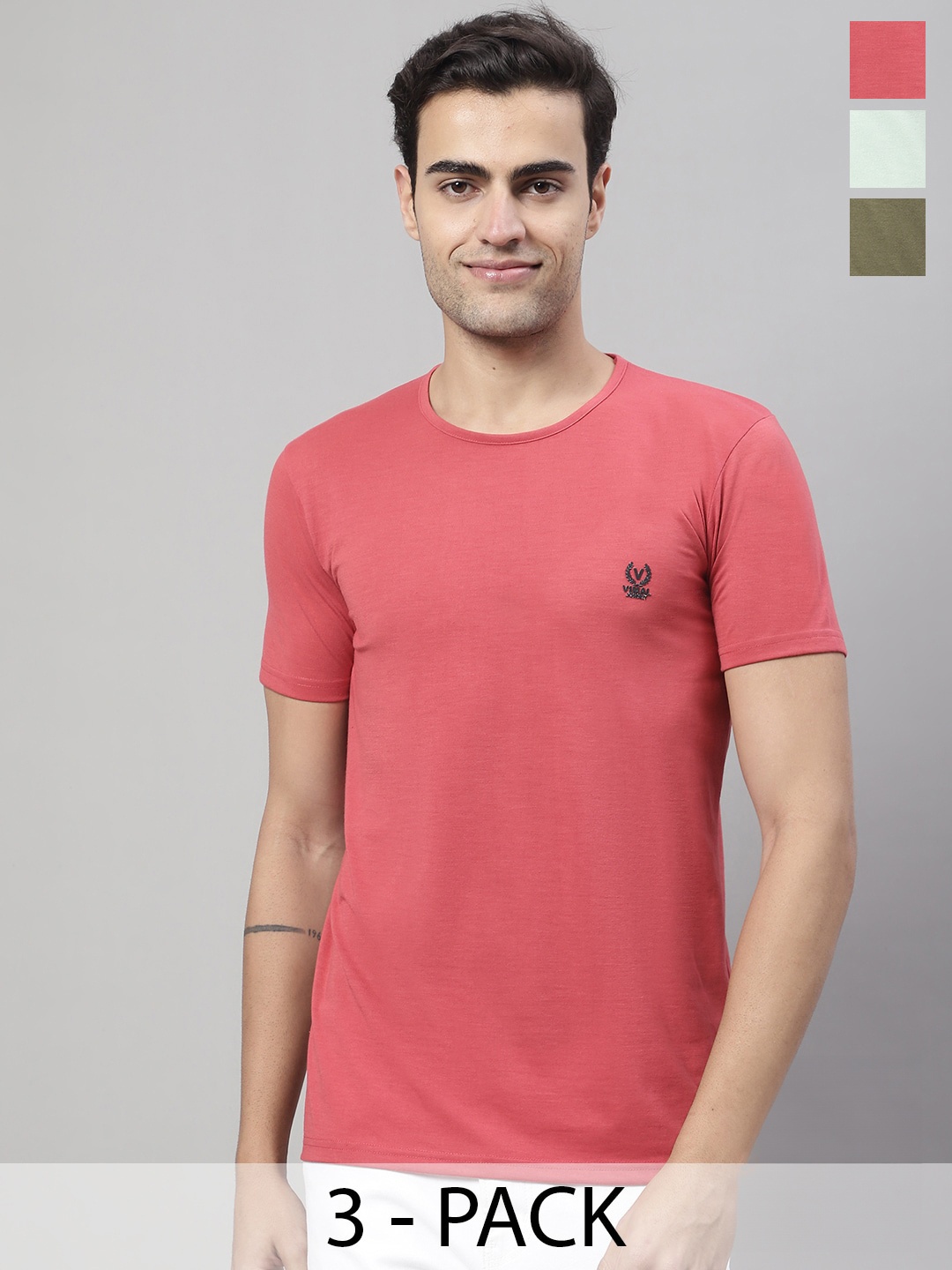 VIMAL JONNEY Pack Of 3 Typography Printed Cotton T-shirts, Olive