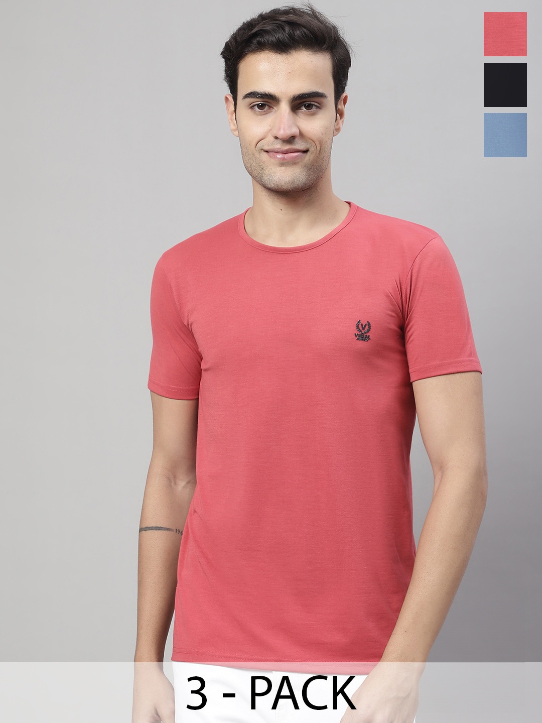 

VIMAL JONNEY Pack Of 3 Round Neck Cotton T-Shirts, Black