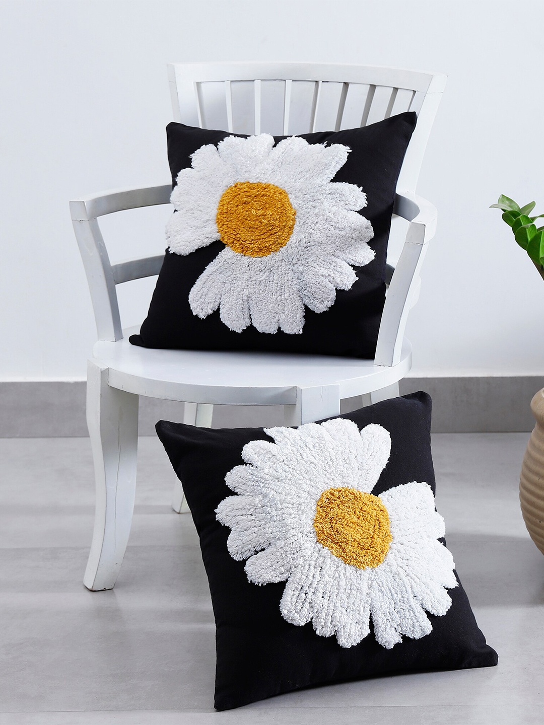 

HANDICRAFT PALACE 2 Pcs Black & White Embroidered Cotton Square Cushion Covers