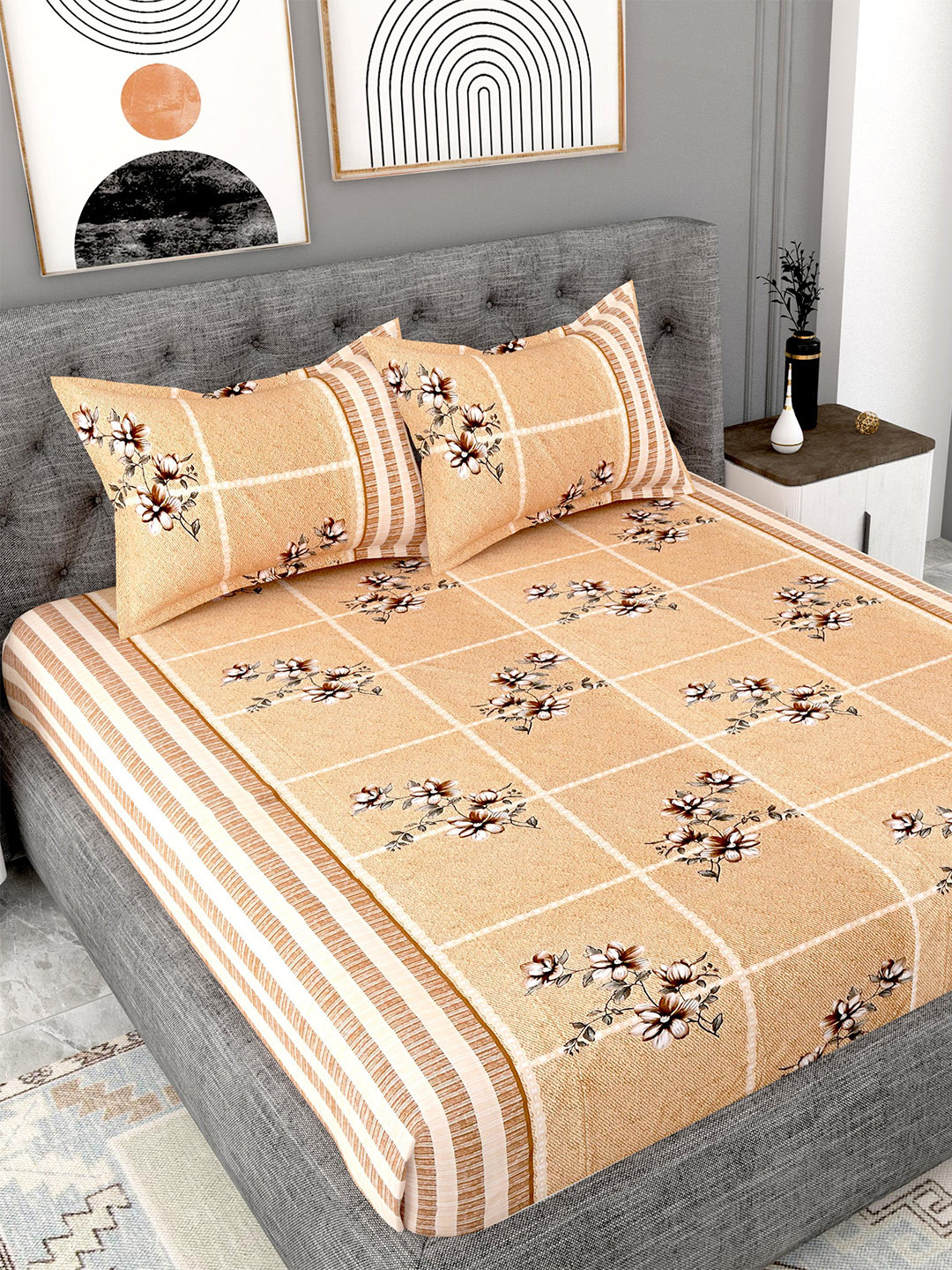 

Lali Prints Brown & White Floral Cotton 180 TC Super King Bedsheet With 2 Pillow Covers