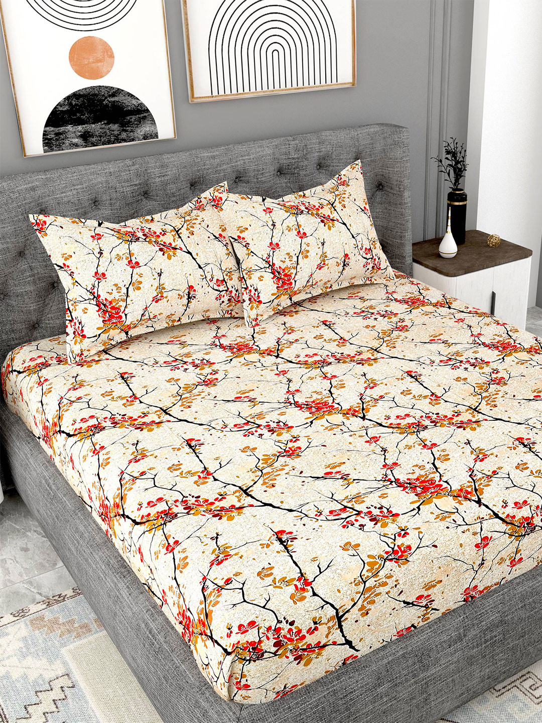 

Lali Prints Peach-Coloured & Red Floral Cotton 180TC Super King Bedsheet & 2 Pillow Covers