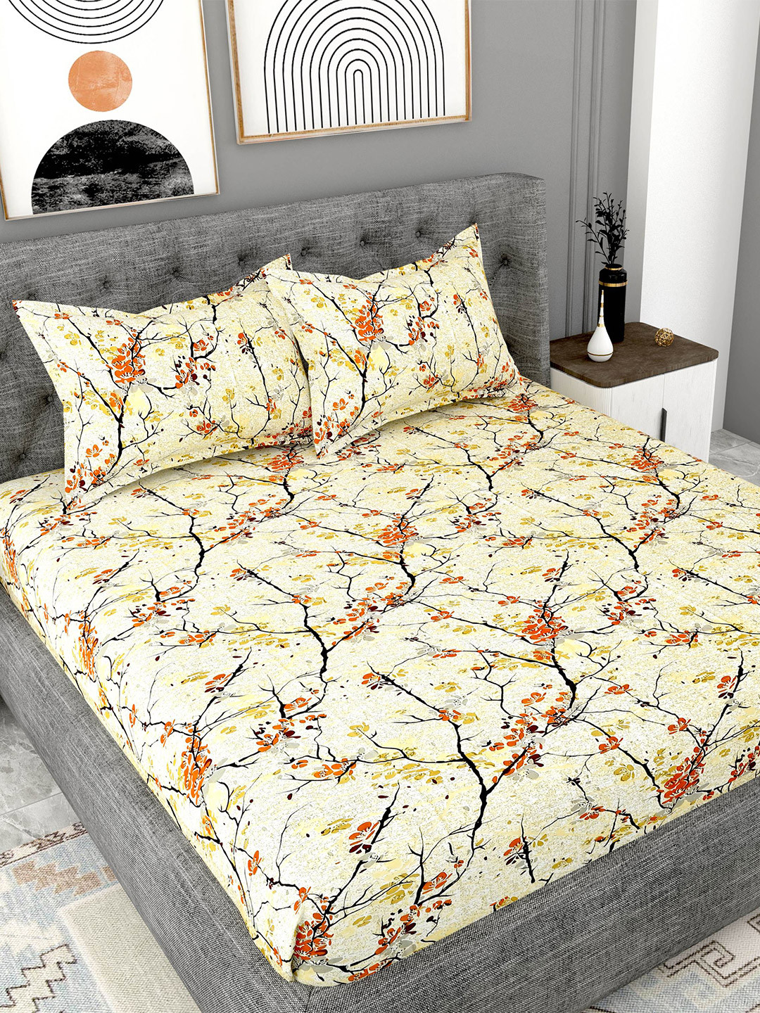 

Lali Prints Yellow & Red Printed Cotton 180 TC King Bedsheet with 2 Pillow Covers