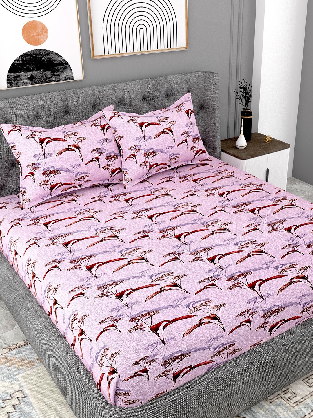 Lali Prints Pink & Maroon Floral Cotton 180 TC King Bedsheet with 2 Pillow Covers