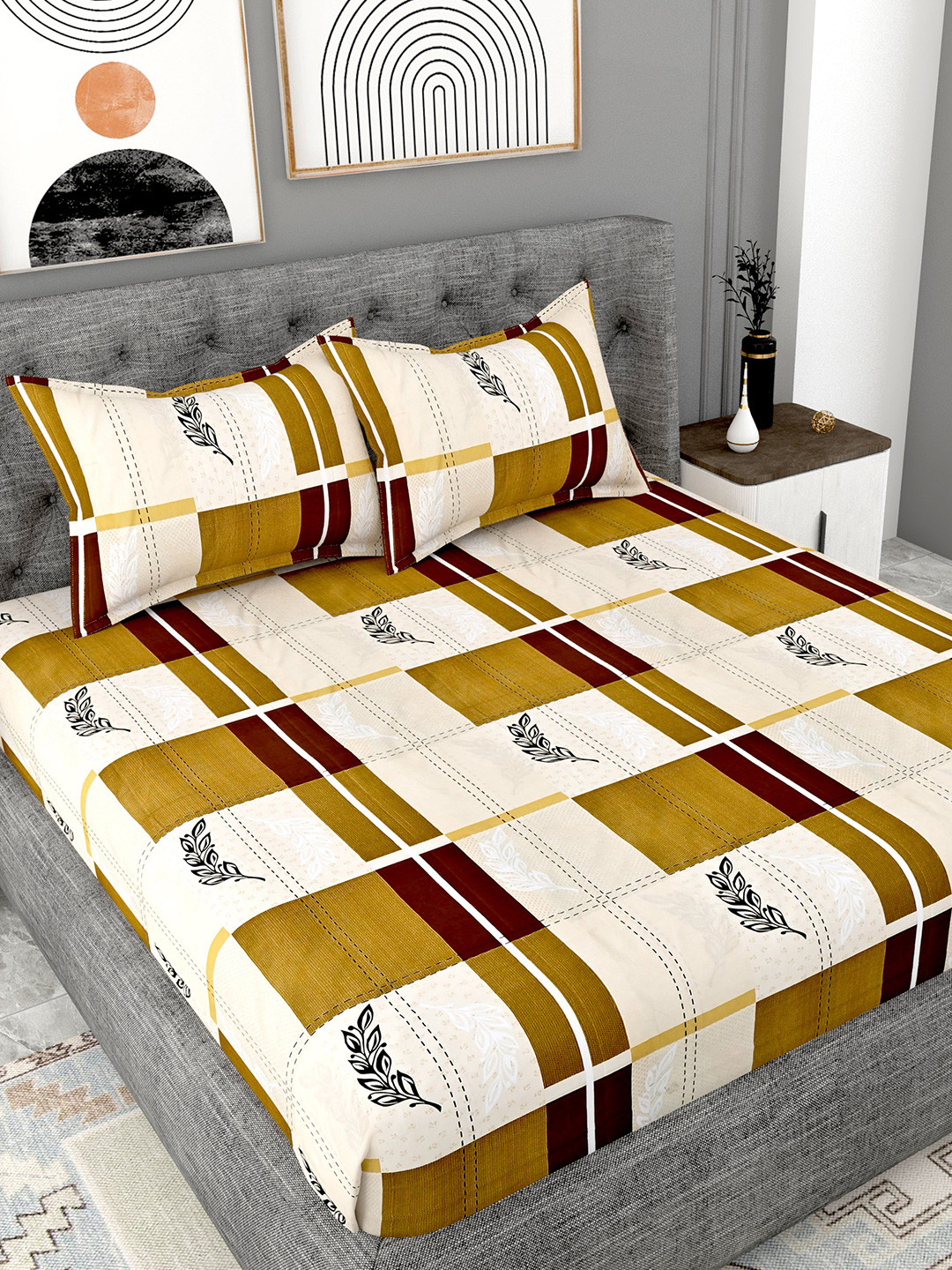 

Lali Prints Brown & Mustard Geometric Cotton 180 TC Super King Bedsheet & 2 Pillow Covers