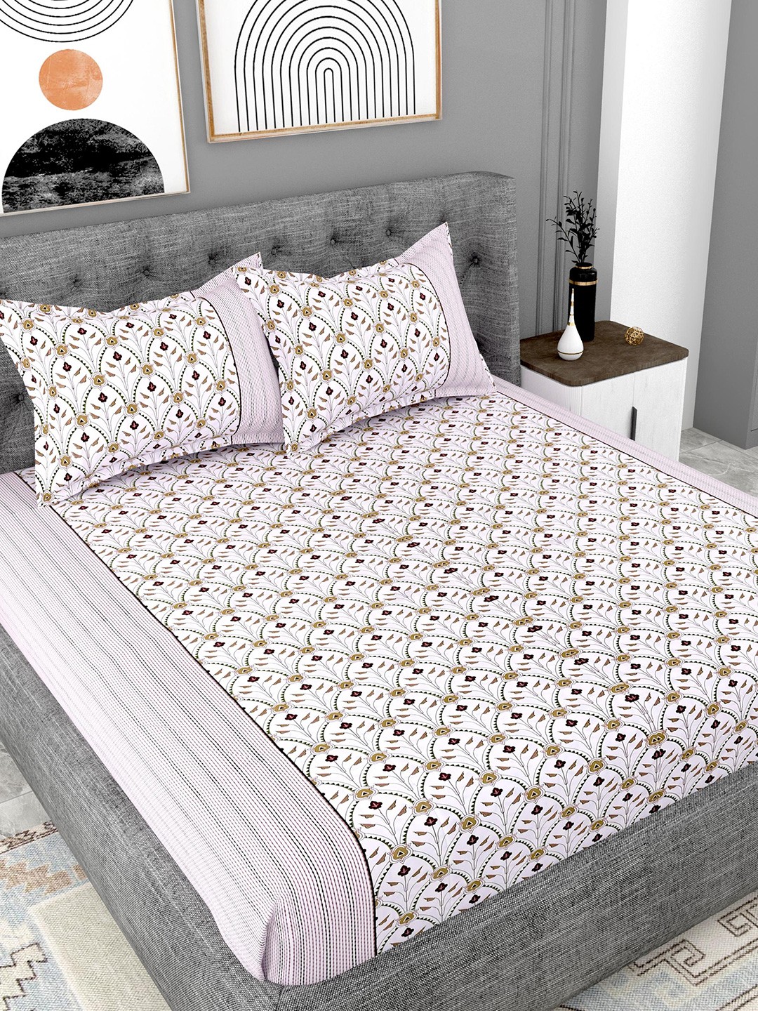 

Lali Prints Pink & White Floral Printed Cotton 180 TC King Bedsheet With 2 Pillow Covers