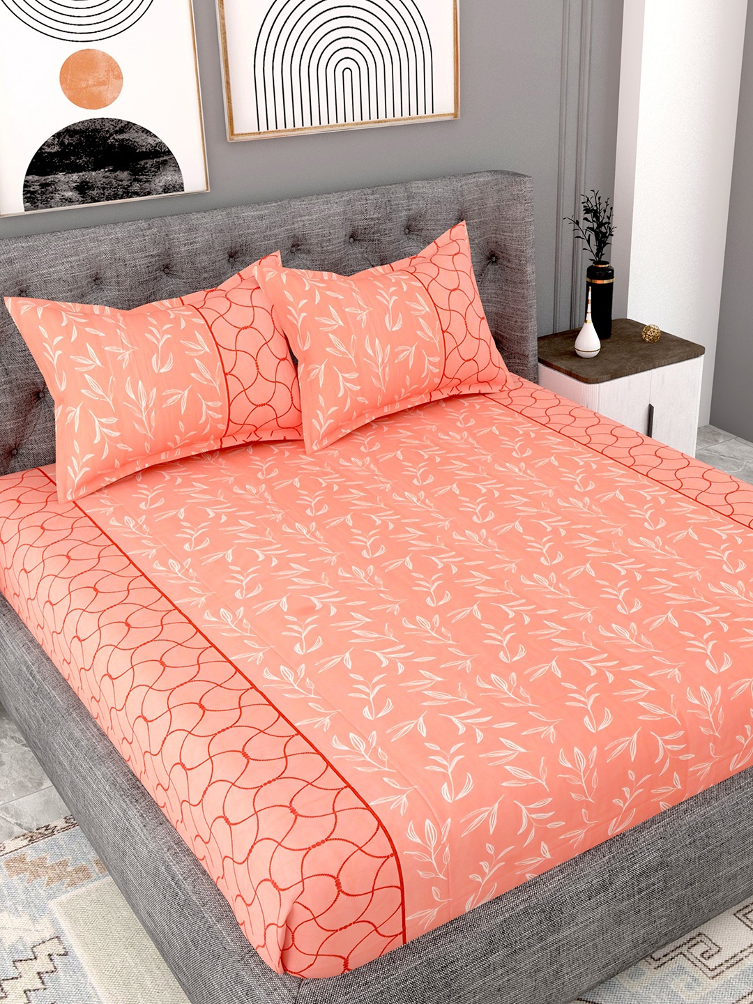 

Lali Prints Peach-Coloured & Red Floral Cotton 180 TC King Bedsheet with 2 Pillow Covers