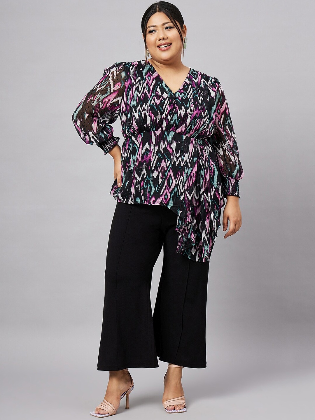

Antheaa Curve Plus Size Printed Top & Trousers, Black