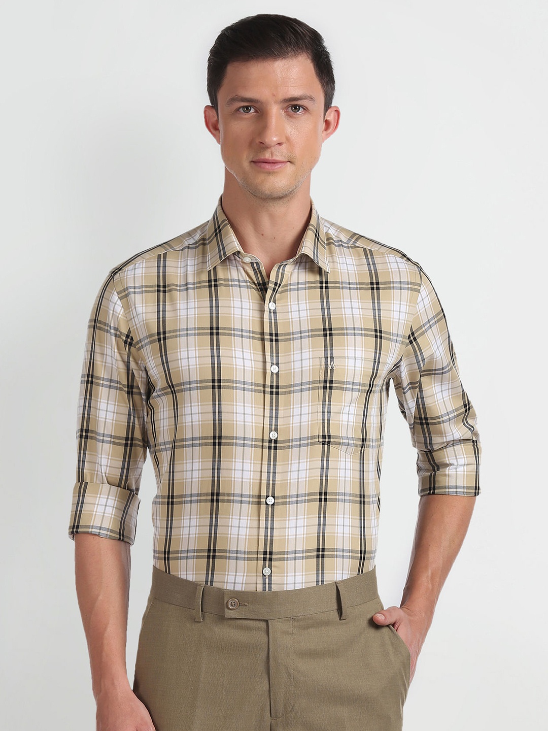 

Arrow Slim Fit Tartan Checks Opaque Casual Shirt, Beige