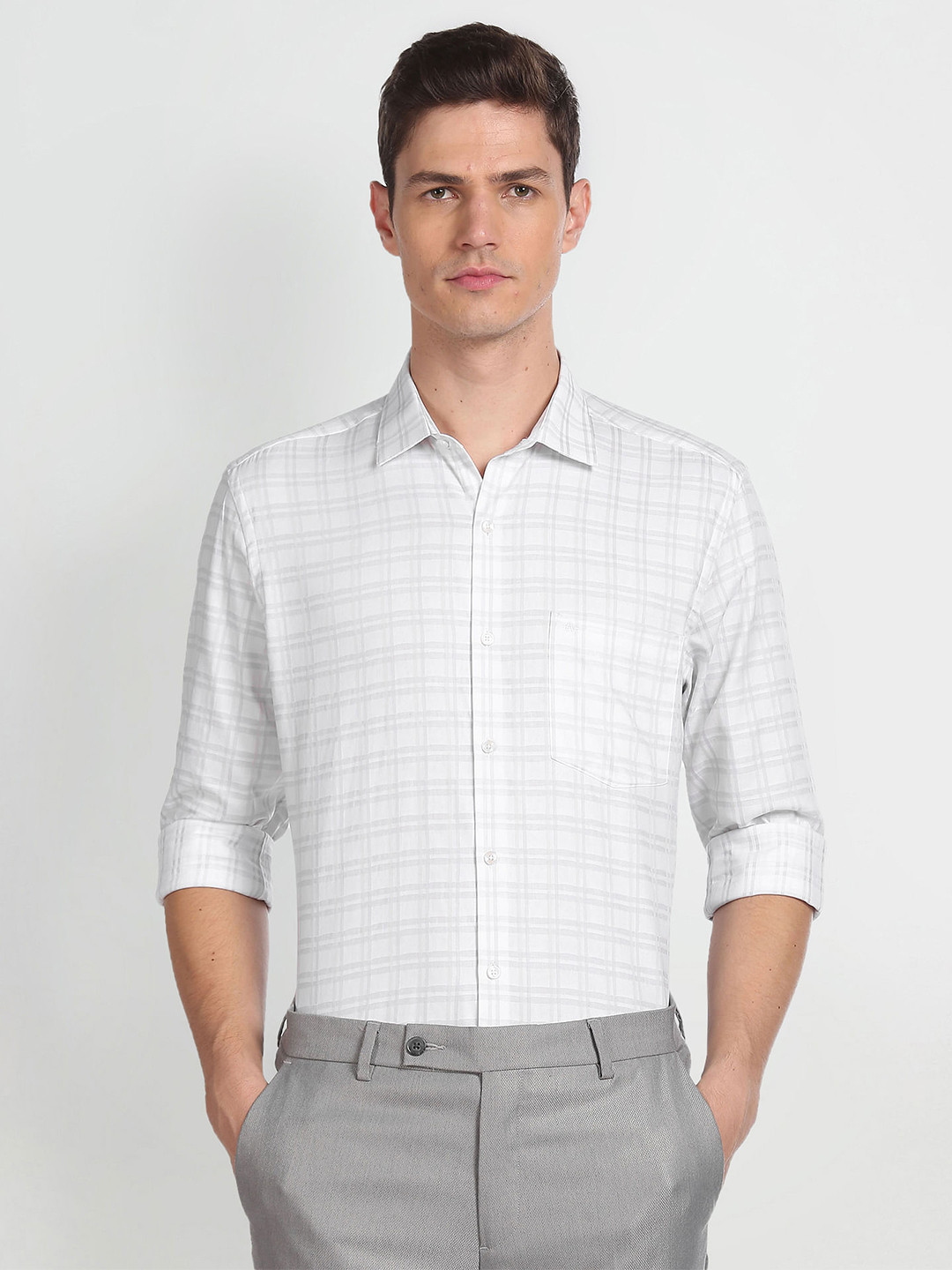 

Arrow Grid Tattersall Checks Checked Spread Collar Pure Cotton Casual Shirt, White