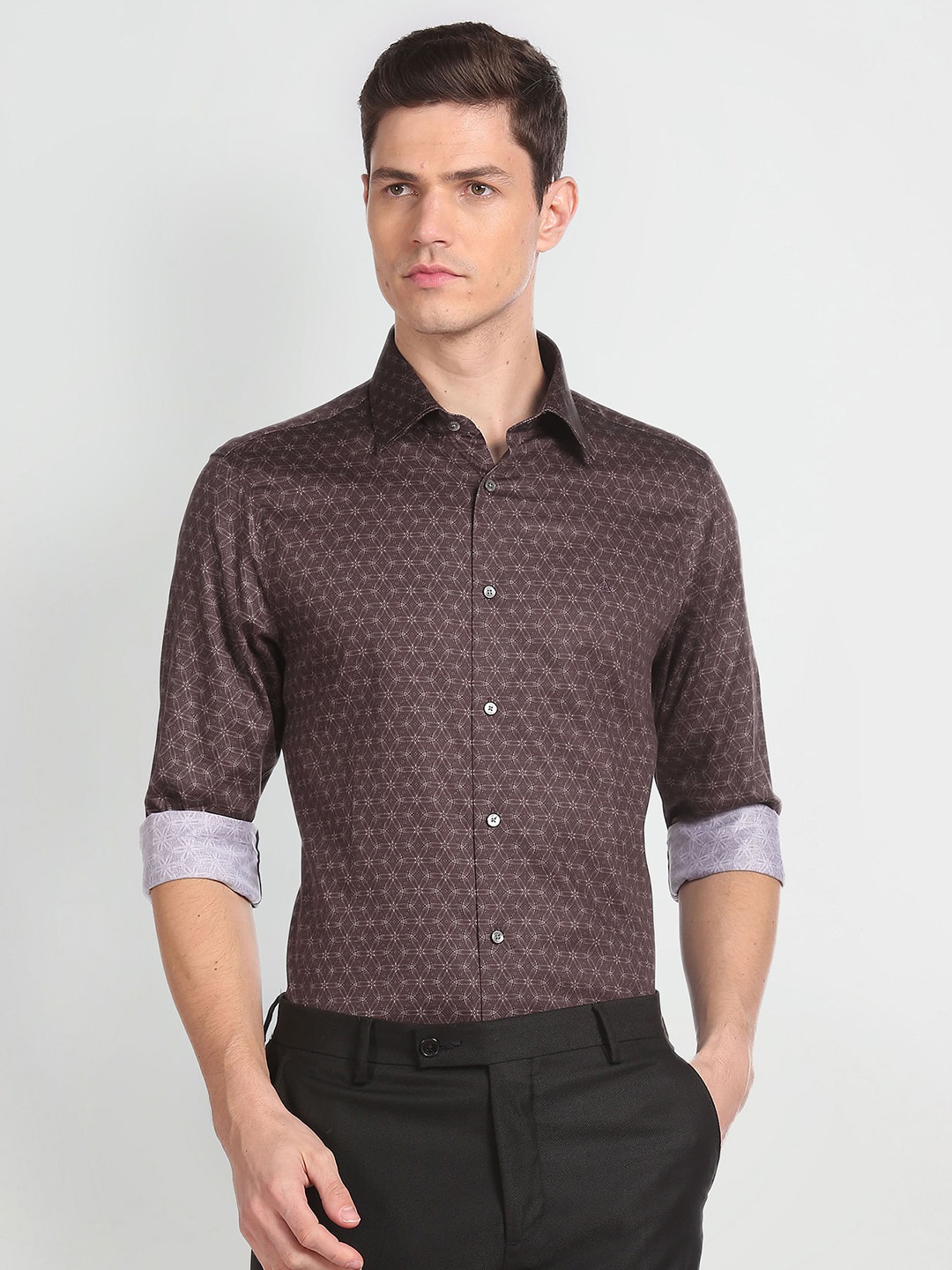 

Arrow Floral Printed Spread Collar Pure Cotton Casual Shirt, Brown